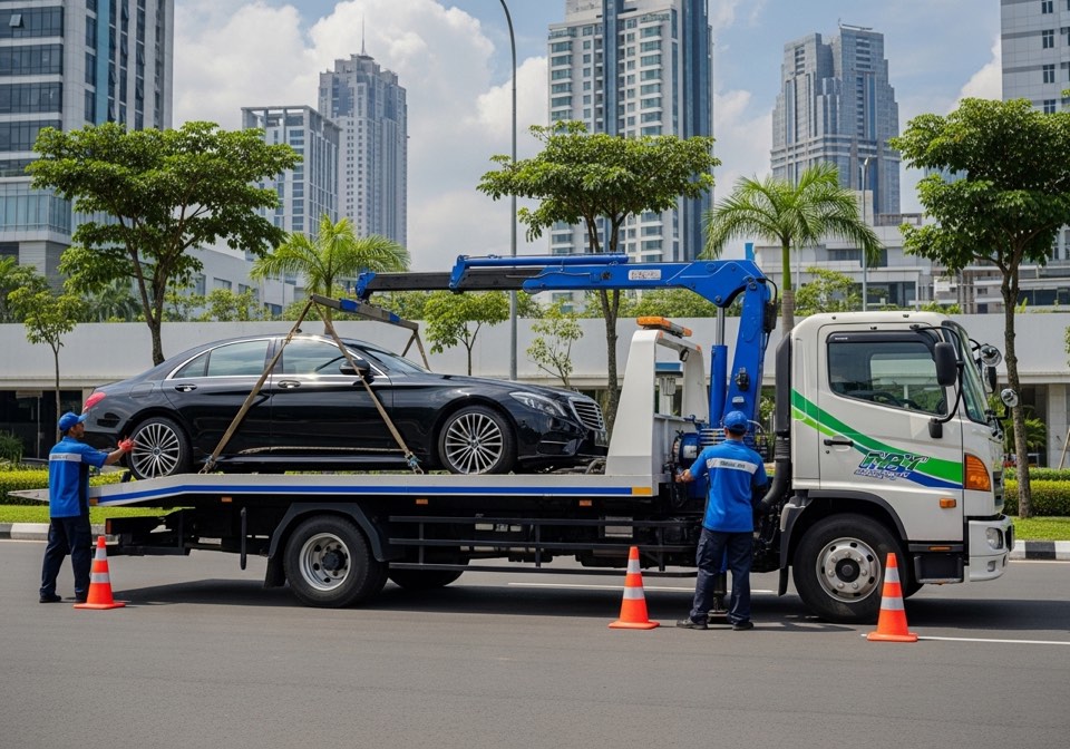 Pengiriman alat berat di atas truk towing